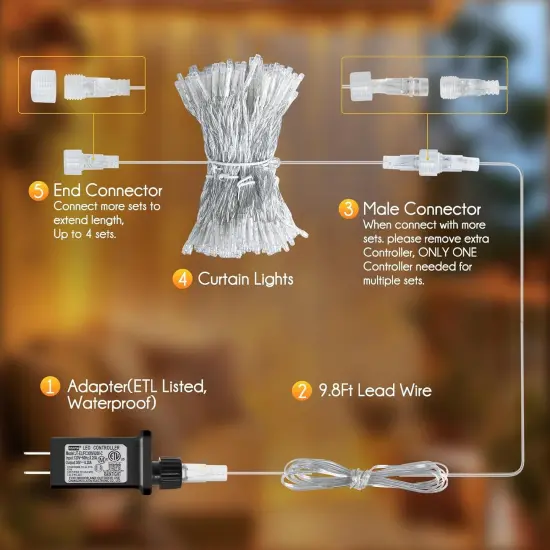 300 LED Curtain String Lights - 9.8 FT (Warm White) {4}