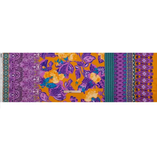 1 Yard Golden Yellow Purple Teal Silk Charmeuse Print Floral Abstract Stripes Made in Italy Width 53" {3}