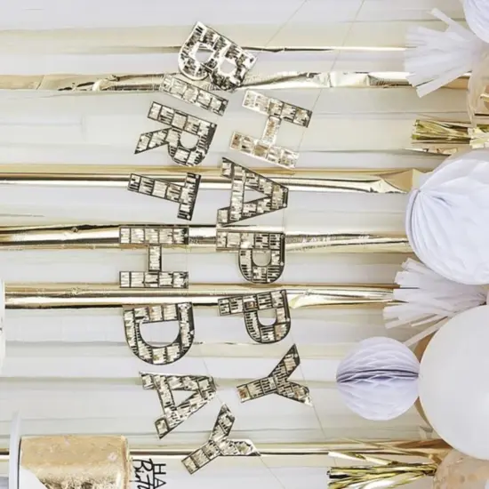 Gold Happy Birthday Fringe Banner &ndash; 8 Ft | Metallic Gold Party Decoration for Milestone Birthdays & Celebrations {6}