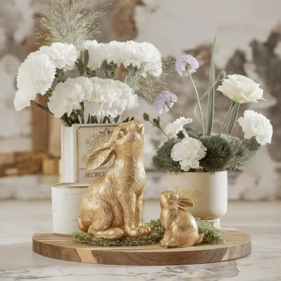 Set of 2 Easter Bunny Figurines, Gold Home Decor Resin Rabbit Statue {3}