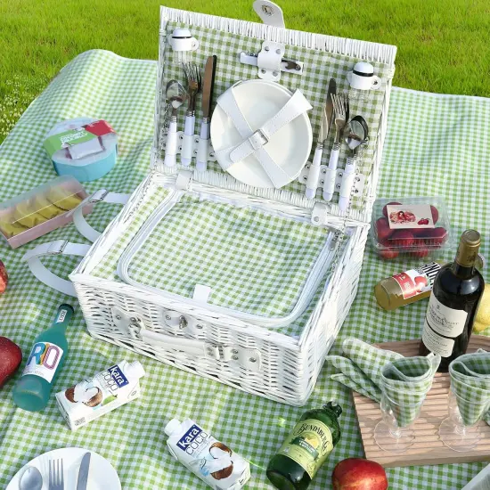 Wicker Picnic Basket for 4 with Waterproof Picnic Blanket and Insulated Cooler, Willow Hamper for Camping {2}