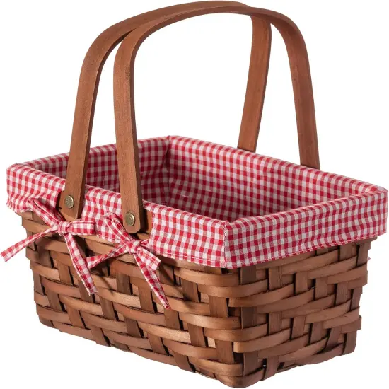 Small Rectangular Woodchip Picnic Baskets with Double Folding Handles, Natural Hand-Woven Basket Lined with Gingham Red and White Lining Great for Gifts {2}