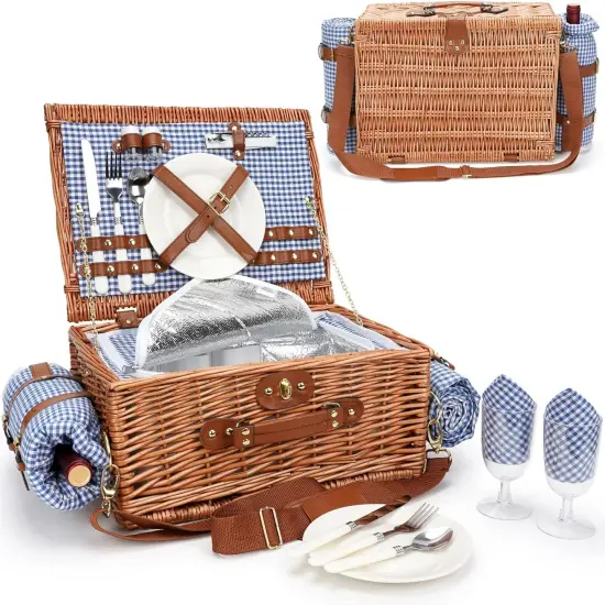 Picnic Baskets for 2, Picnic Basket with Waterproof Blanket, Picnic Basket Set with Washable Beach Mat & Large Insulated Cooler Compartment, Handmade Natural Wicker Hamper for Camping, Outdoor Party {1}