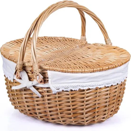 Picnic Basket with Lid and Handle Sturdy Woven Body with Washable Lining {1}