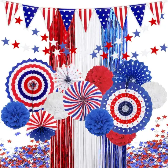 4th of July Patriotic Party Decorations Set, American Flag Hanging Paper Fans, PomPoms Flowers, Foil Fringe Curtain, Star Streamers, USA Pennant Bunting Independence Day Party Supplies {1}