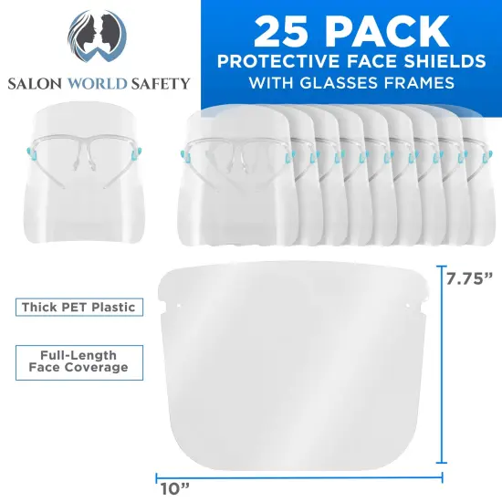 Safety Face Shields with Glasses Frames (Pack of 25) - Ultra Clear Protective Full Face Shields to Protect Eyes, Nose, Mouth - Anti-Fog PET Plastic {2}