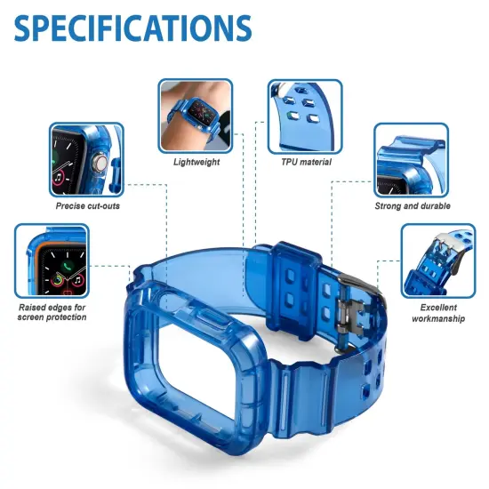 Insten Crystal Clear Watch Band with Rugged Bumper Case For Apple Watch 44mm 42mm Series SE 6 5 4 3 2 1, Replacement Soft TPU Transparent Strap, Clear Blue {3}