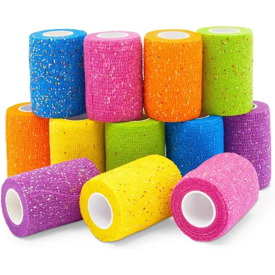 Self-Adherent Wrap, Glitter Cohesive Vet Tape for Pets (3x180 in, 12 Pack) Multicolor {4}