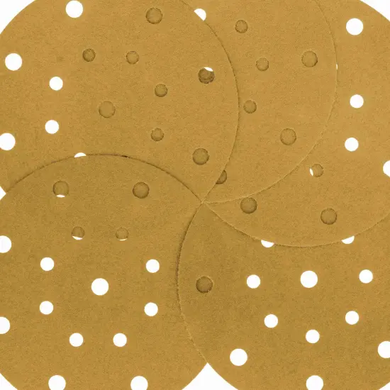 100 Grit - 6" Gold Sanding Discs - 17-Hole Pattern Hook and Loop for DA Sander - Box of 50 {3}