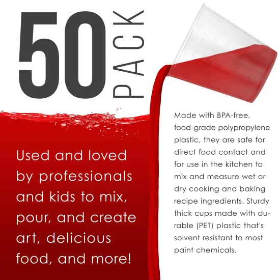 5 Oz (150 ml) Liquid Measuring Cups - Plastic Graduated Cup (50 Pack) with 25 Sticks - Reusable Mixing Cups for Paint, Craft, Kitchen, Lab, Medical Supplies, Epoxy Resin, Art {4}