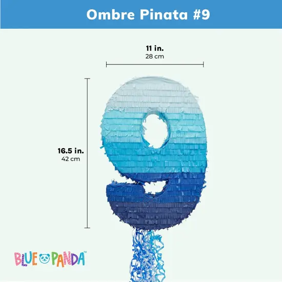 Number 9 Pull String Pinata for Boys 9th Birthday Party, Ombre Blue (16.5 x 11.35 x 3 in) {3}