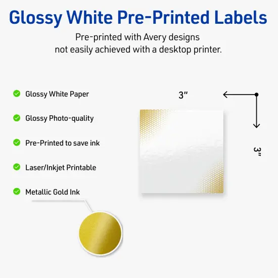 Avery Printable Square Labels with Sure Feed Technology, Pre-Printed Gold Blush Pattern, Glossy White, 3" x 3", Laser & Inkjet Compatible, 60 Total, Great for Branding, Marketing, and Events {2}