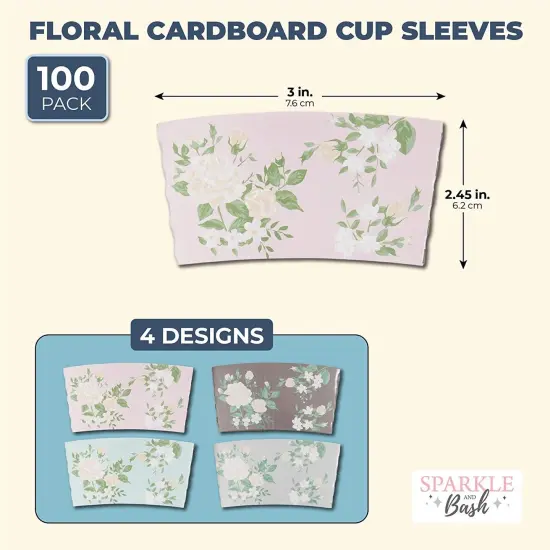 100 Pack Disposable Floral Paper Coffee Cup Sleeves, Drink Sleeves for Cups, 4 Colors (2.5 In) Multicolor {2}