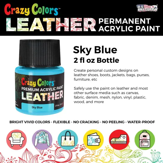 Sky Blue Premium Acrylic Leather and Shoe Paint, 2 oz Bottle - Flexible, Crack, Scratch, Peel Resistant - Artist Create Custom Sneakers, Jackets, Bags, Purses, Furniture Artwork {2}