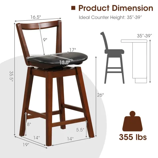 Costway Swivel Counter Height Bar Stool 26'' Upholstered PU Leather Hollow Backrest {3}
