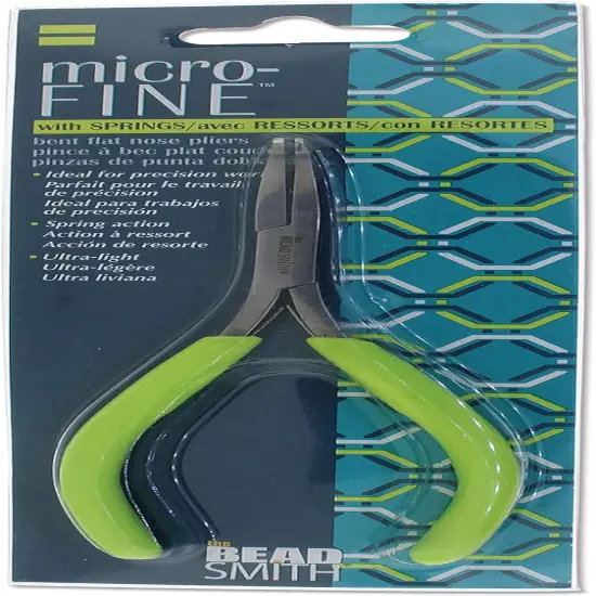 The Beadsmith Micro-Fine Bent Flat Nose Pliers, 5 inches (127mm) with Polished Steel Head, Green PVC Comfort Grip Handle with Double-Leaf Spring, Tool for Jewelry Making {6}