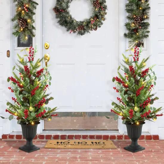 Set of 2 36''H Christmas Lighted Berry Pine Cone Urn Porch Trees With Timer Red {8}