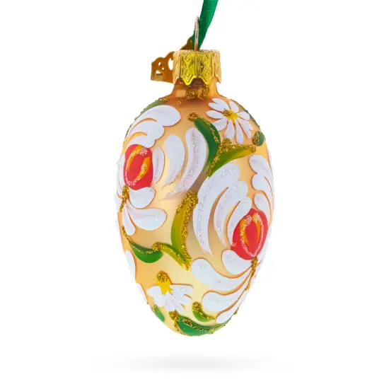 Golden with White and Orange Floral Swirl Design Mini Glass Egg Ornament 2.9 Inches {4}