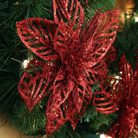 8.5" Red Glitter Poinsettia Flower, Christmas Holiday Decoration, Ideal for Holiday Decor, Xmas Floral Arrangements, Home Decoration {3}