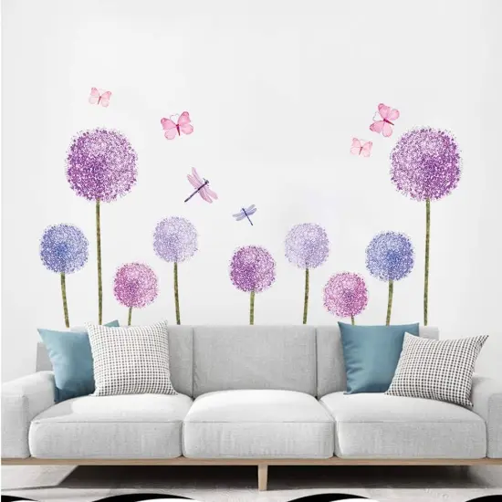 Purple Dandelions Wall Stickers Butterflies Flower Wall Decals {1}