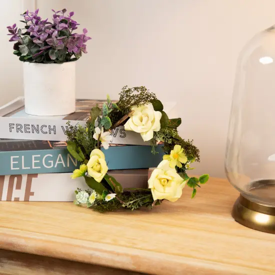 Northlight Mini Rose and Foliage Artificial Spring Wreath - 7" - Yellow {1}