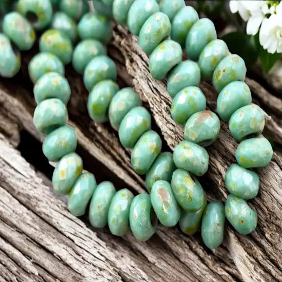 *25* 5x8mm Green Turquoise Picasso Faceted Large Hole Rondelle Roller Beads {2}