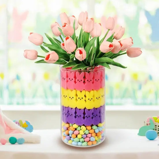 Easter Decorations, 16 Artificial Tulips with 48 Bunnies and a Bag of Eggs Vase Filler Set, Easter Centerpiece Table Decorations, Spring Home Decoration for Tables (Pink) {1}