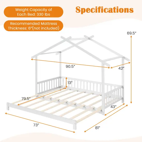 Extendable Daybed House Bed with Roof and Safety Fence Rails White {4}