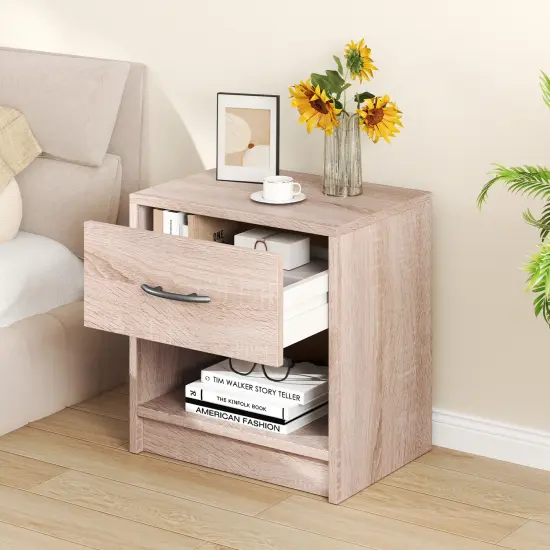 Nightstand with Drawer, Open Shelf, Modern Design and Sturdy Structure Natural {3}