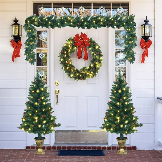 Costway 4pcs Pre-lit Christmas Decoration Set w/ Garland Wreath & Entrance Trees {3}