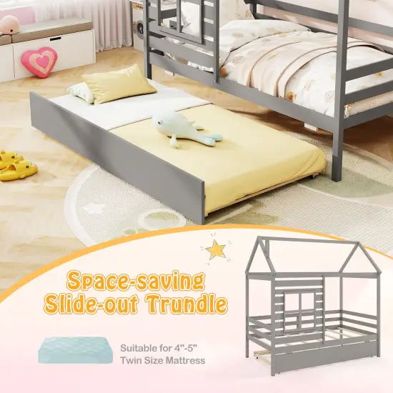 Solid Wood House Bed with Trundle, Guardrails and Customizable Design Grey {6}