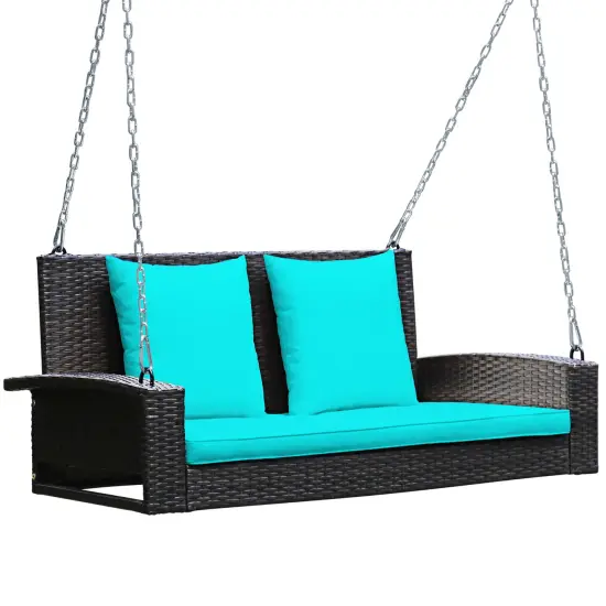 Costway 2-Person Patio Rattan Hanging Porch Swing Bench Chair Cushion Beige\Black\Red\Turquoise {9}