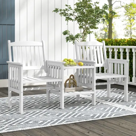 Fir Wood Loveseat Patio Bench with Umbrella Hole, 2-tier Table and Slatted Chairs White {3}