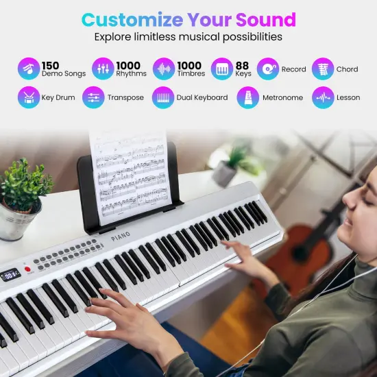 88 Key Foldable Electronic Keyboard Piano with Wireless MIDI Suitable for Kids, Teenagers and Adult White {6}
