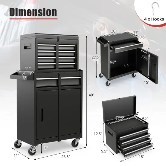 2-in-1 Tool Chest Cabinet with 5 Sliding Drawers and 4 Universal Wheels Perfect for Garage or Workshop Black {5}