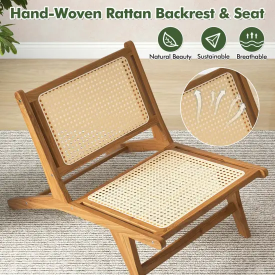 Costway 1/2 PCS Mid Century Modern Teak Wooden Chair with Handwoven Rattan Seat & Backrest {5}