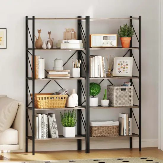 Costway 1/2 PCS 5-Tier Bookshelf, Industrial Tall Bookcase with Open Storage Shelves & Metal Frame Oak {2}