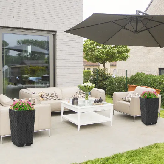 Wicker Planter Set of 2 with Self-Watering System and Weather-Resistant PP Material Black {6}