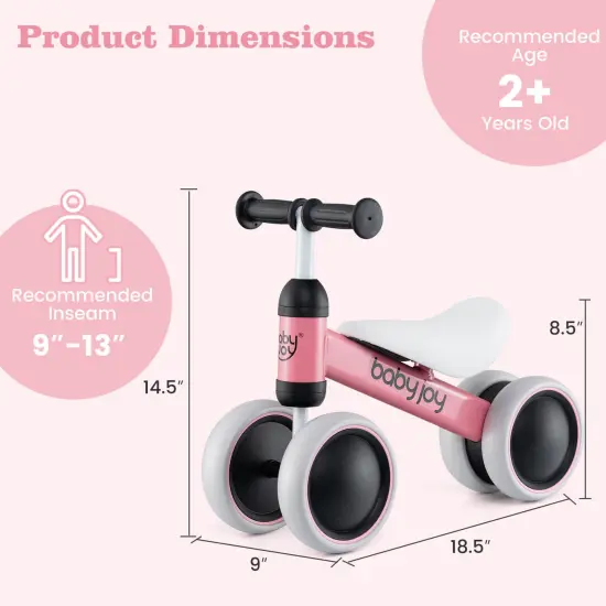 Babyjoy 4 Wheels Baby Balance Bike for 2 Years Old Boys Girls with Soft Seat Ride On Toy Blue/Orange/Pink {3}