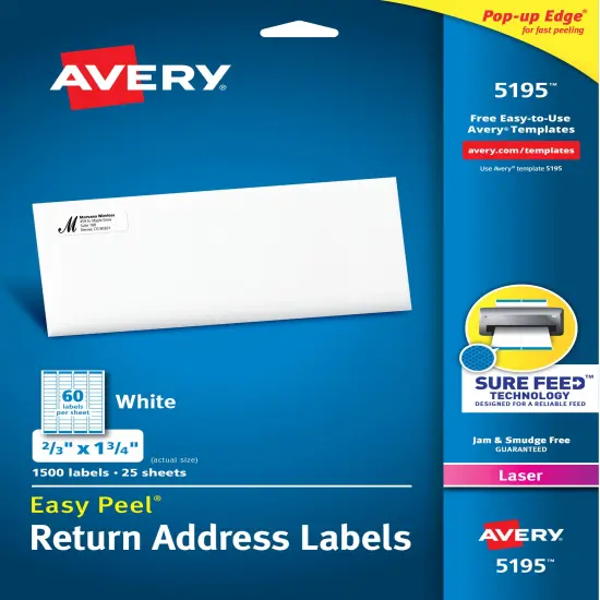 Avery Easy Peel Return Address Labels, Sure Feed Technology, Permanent Adhesive, 2/3" x 1-3/4", 1,500 Labels (5195) {1}