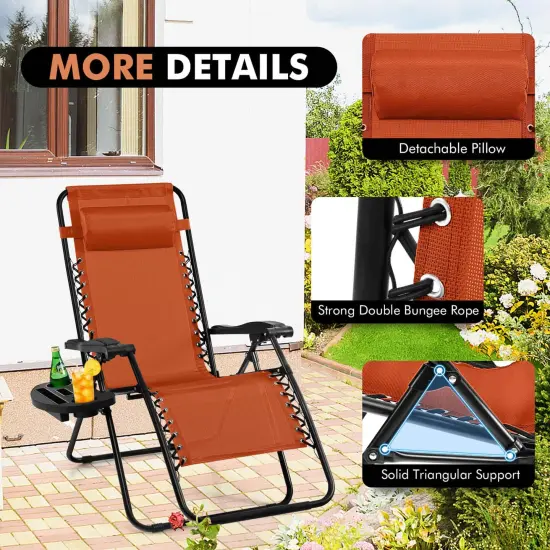 Costway Folding Zero Gravity Reclining Lounge Chairs Beach Patio with Utility Tray Orange {5}