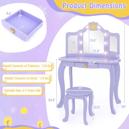 MDF and Acrylic Kids Vanity Set with Tri-Fold Mirror, LED Lights and Storage Purple {5}