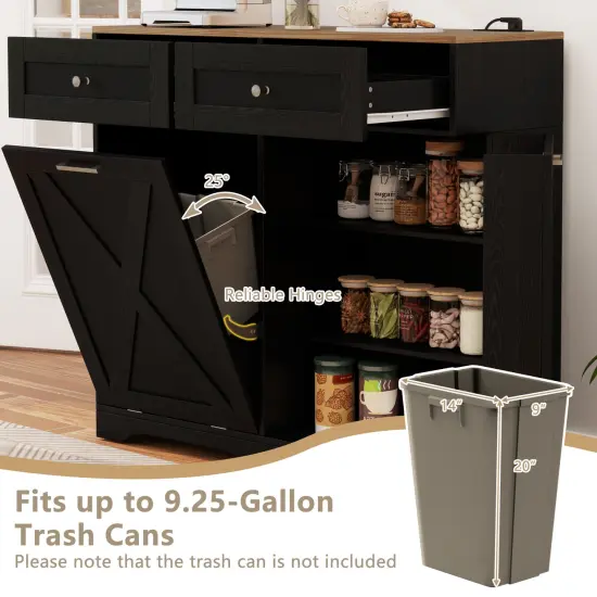 Tilt Out Wooden Trash Can Cabinet with 3 Position Adjustable Shelf and Power Outlets Black {6}