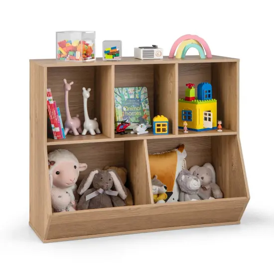 Costway 5-Cubby Kids Toy Storage Organizer Wooden Bookshelf Display Cabinet Natural/White {8}