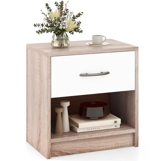 Nightstand with Drawer, Open Shelf, Modern Design and Sturdy Structure Natural & White {4}