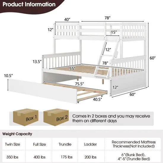 Pine Wood Twin Over Full Bunk Bed with Trundle, Guardrails and Ladder White {5}