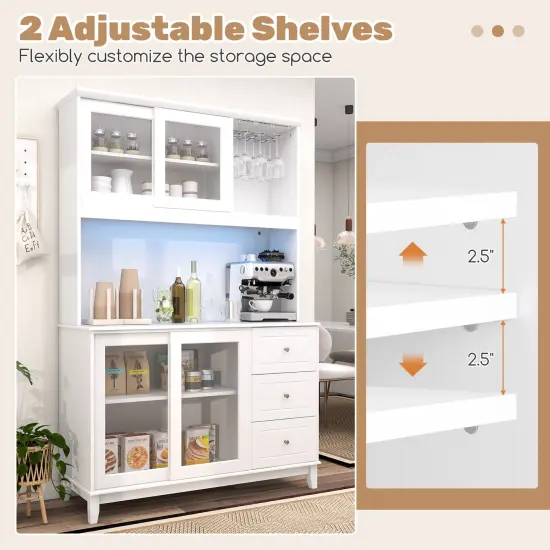 Kitchen Pantry Storage Cabinet with 2 Compartments with Doors and LED Lights and Power Outlet White {6}