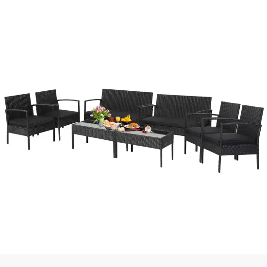 Costway 8 PCS Patio Rattan Furniture Set Cushioned Sofa Armrest Garden Black {2}