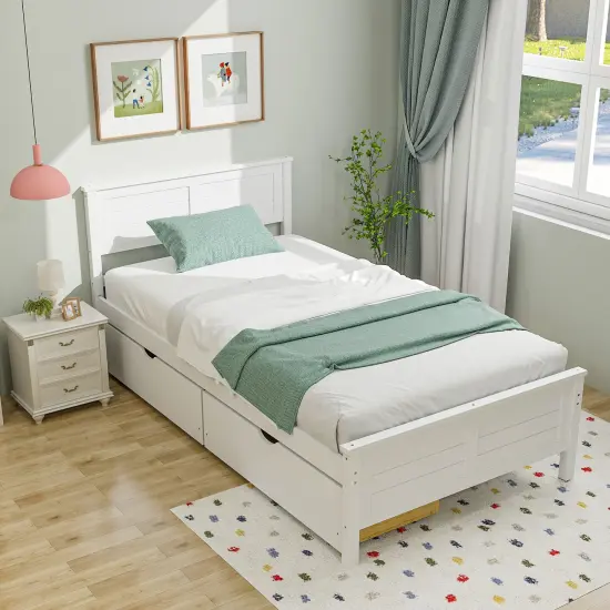 Twin Size Platform Bed with Drawers, Wood Headboard and Sturdy Frame White {2}