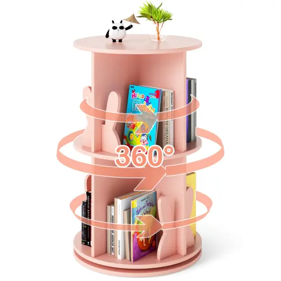 Costway Kids Rotating Bookshelf 2 Tier Freestanding 360&deg; Revolving Display Storage Rack White/Pink {1}